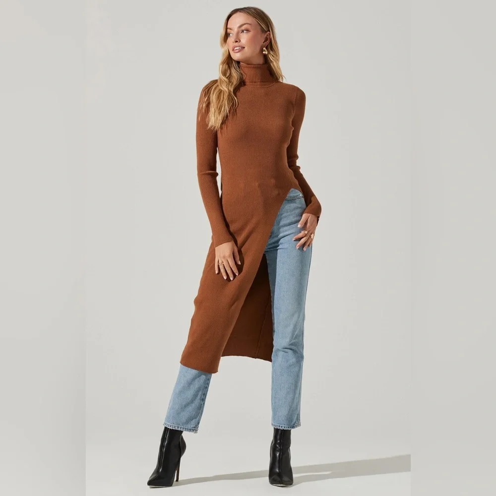 Astr Camel Ribbed Knit Dress - Picture 1 of 11